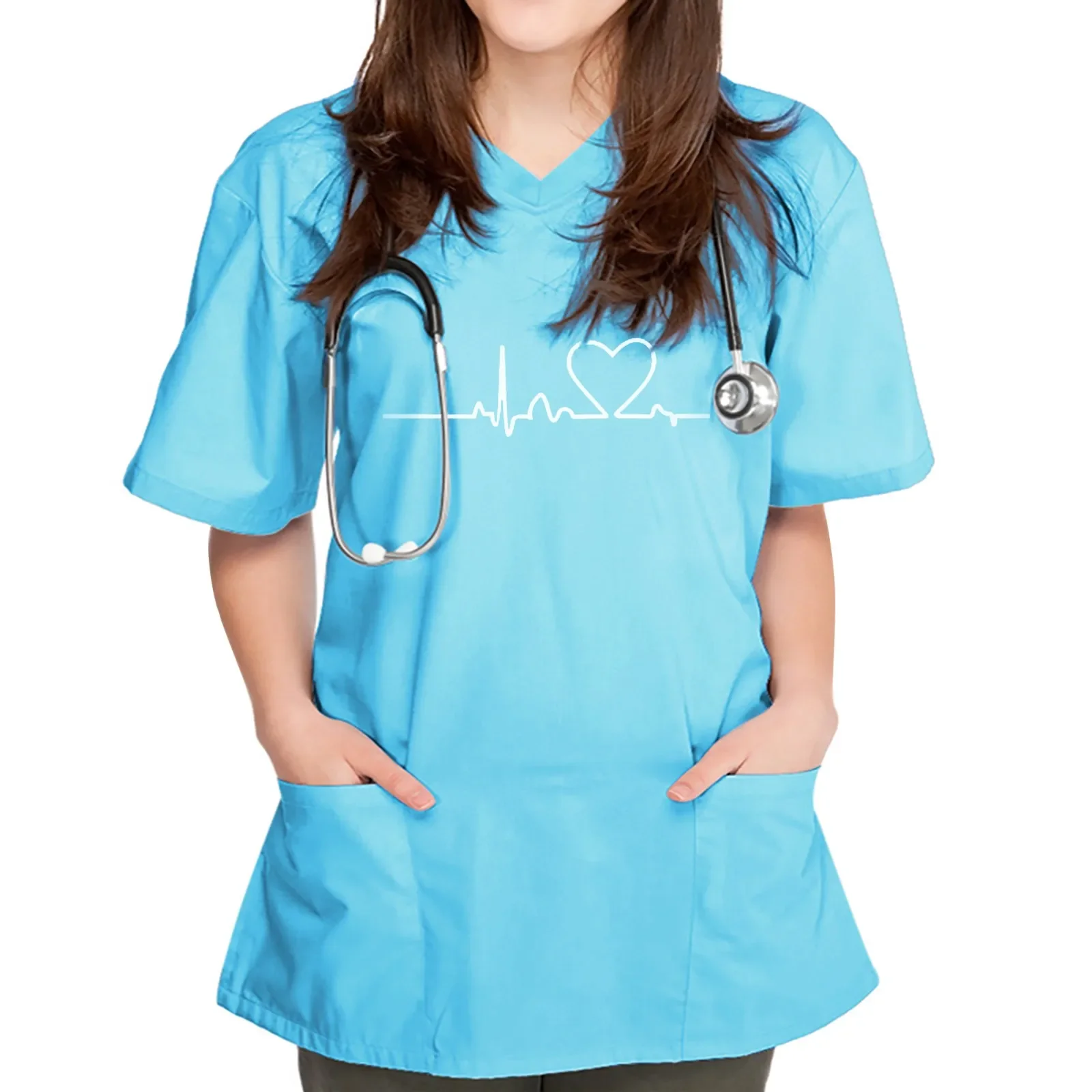 Mulheres Enfermeiras Estampa de Coração Uniforme, manga curta com gola V Tops, Uniforme de Trabalho, Blusa de Bolso, Uniformes Pet Grooming, Novo