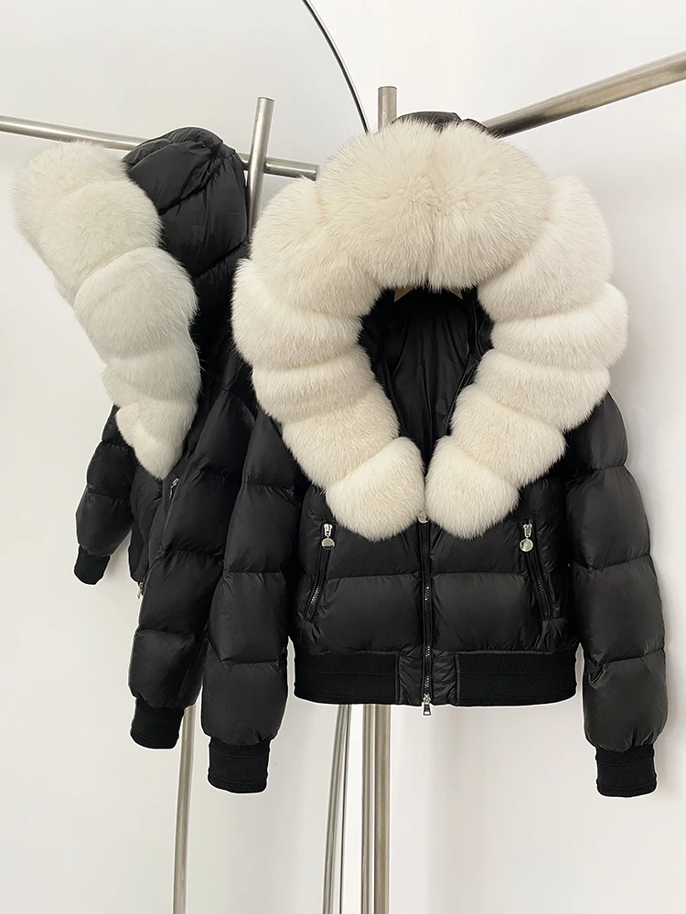 Femmes fourrure naturelle blanc canard vers le bas manteau à capuche épaissi chaud moelleux doudoune nouveau hiver réel fourrure de renard haut vêtements