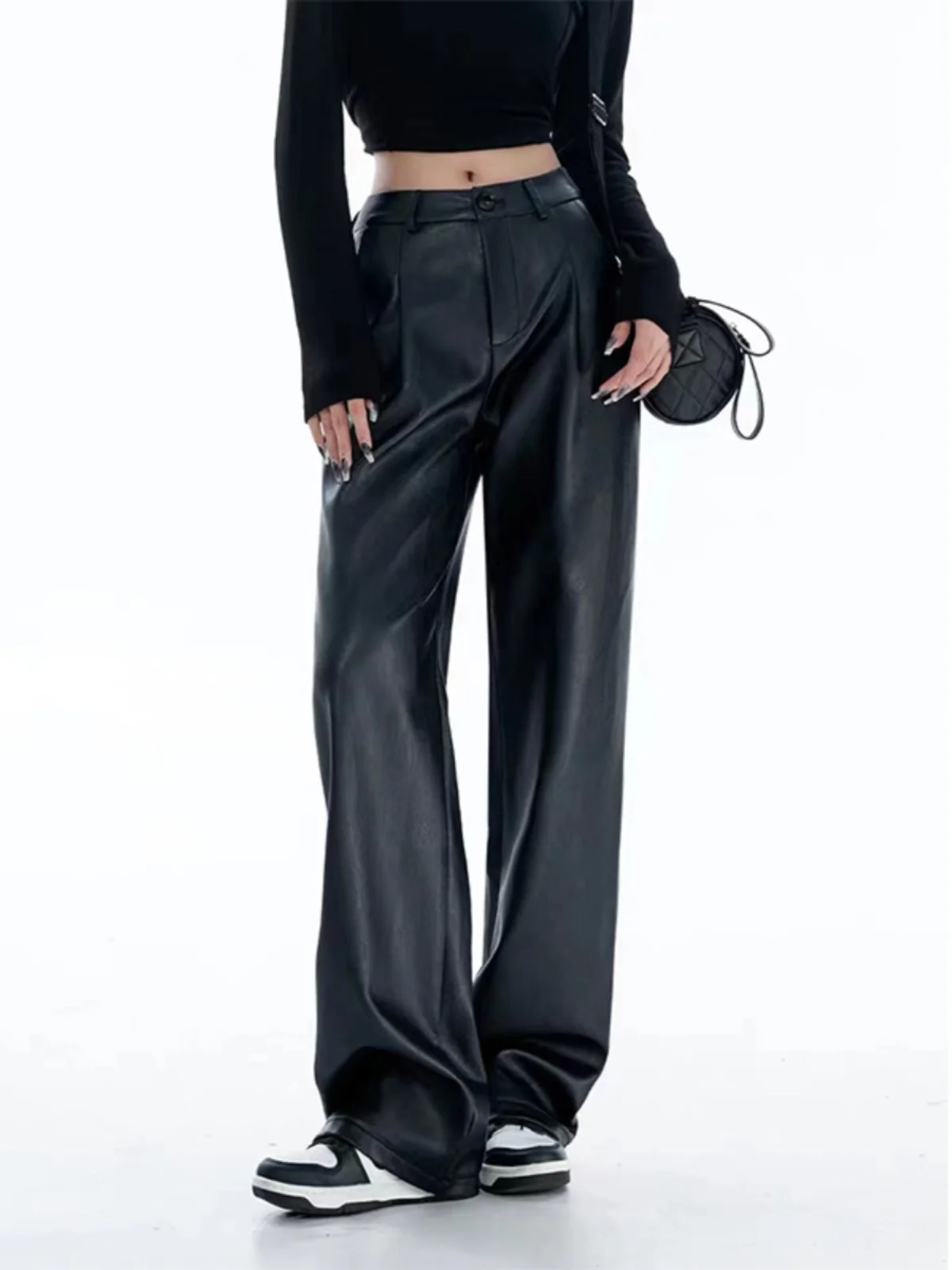 

High Waist Leather Pants Real eep Leather Casual Wide Leg Nine Points Trendy Personali Women's Premium Faion Trousers