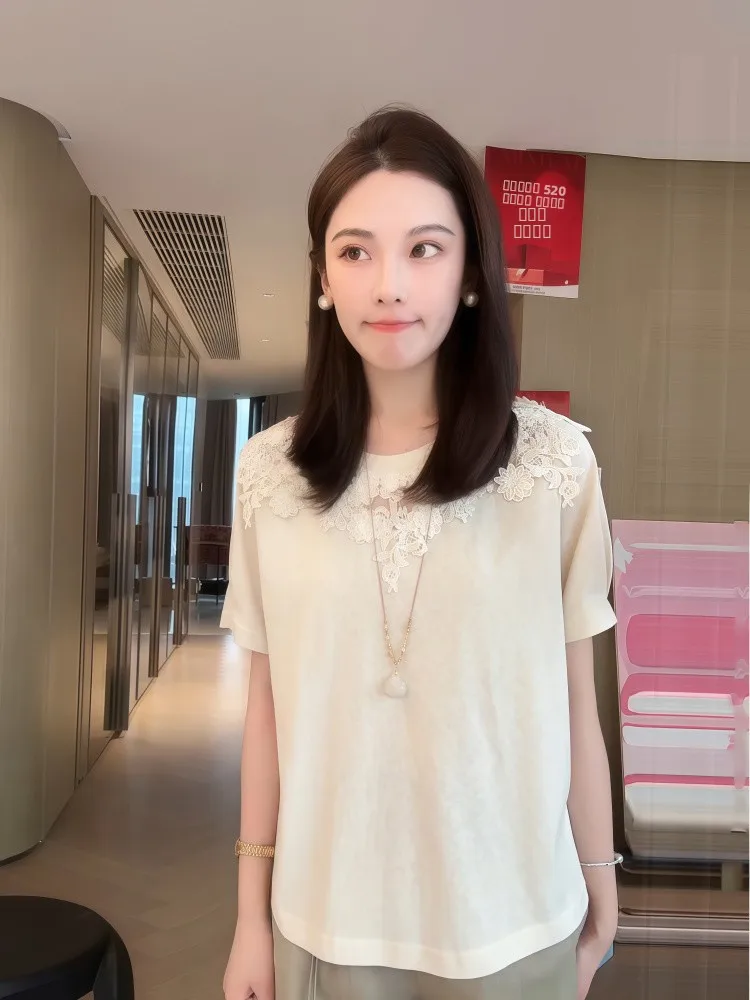 

Женская футболка YUYUWANG Star Vine с коротким рукавом, тонкая, из чесаного хлопка, с кружевом, летняя, приталенная, с круглым вырезом, в китайском стиле, повседневный топ