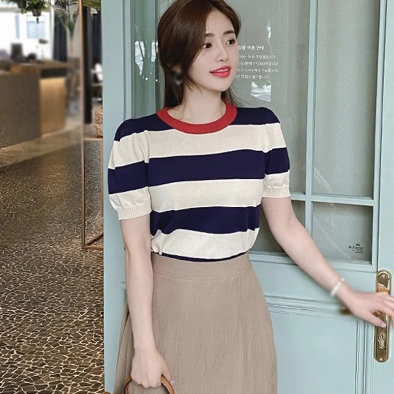 Korean Fashion Woman O Neck Color Striped Crop Tops Casual Summer Short Sleeve Knitted T-Shirt