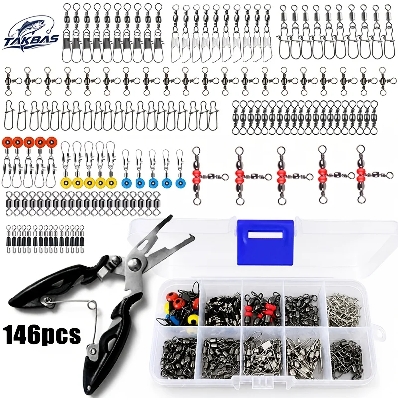 146pcs Fishing Terminal Tackle Kit with Fishing Plier, Barrel Swivels Snap, 3 Way Swivels, Sinker Slides, Saltwater Freshwater