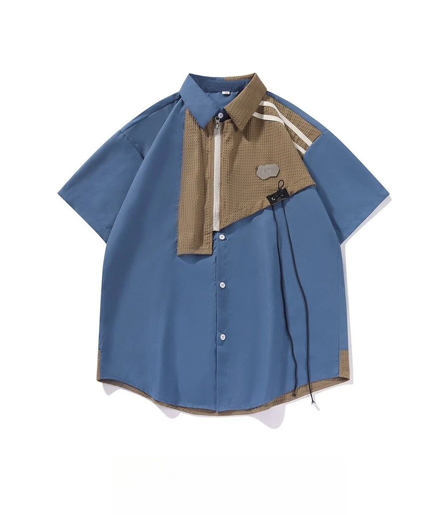 2025 Summer New Patchwork Fake Two-Piece Khaki Short Sleeve Shirt American Design Dark Blue Casual Slim Fit Daily Top