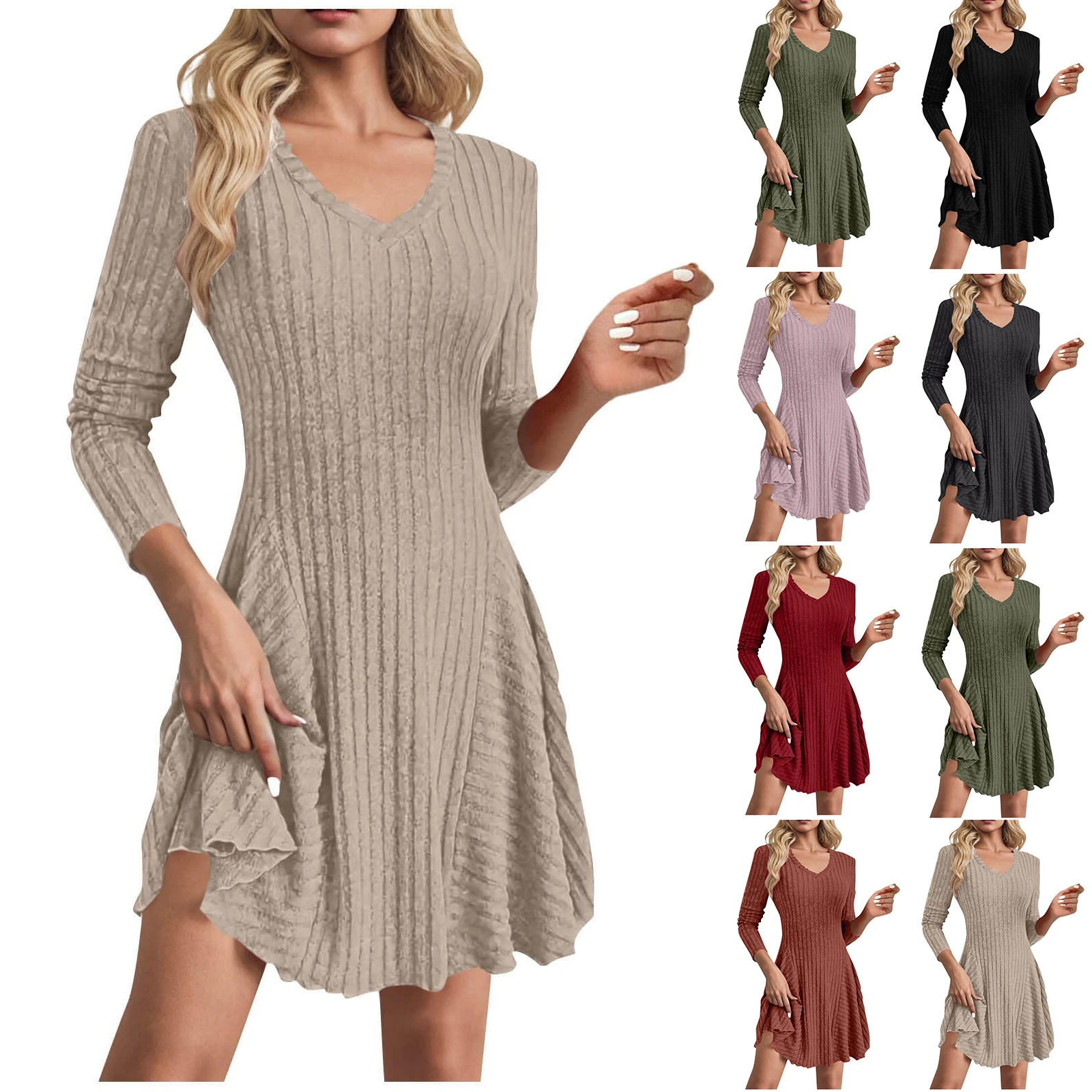 Otoño/Invierno Sexy ceñido al cuerpo suéter Casual vestido de Color sólido de las mujeres Slim Fit con cuello en V de manga larga vestido de punto vestidos para mujer