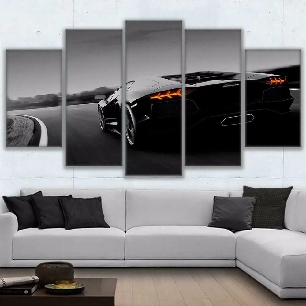 

5 Pieces Wall Canvas Arts Black Luxury Sports Car Poster Painting For Living Room Modern Bedroom Mural Colorful Pictures Prints