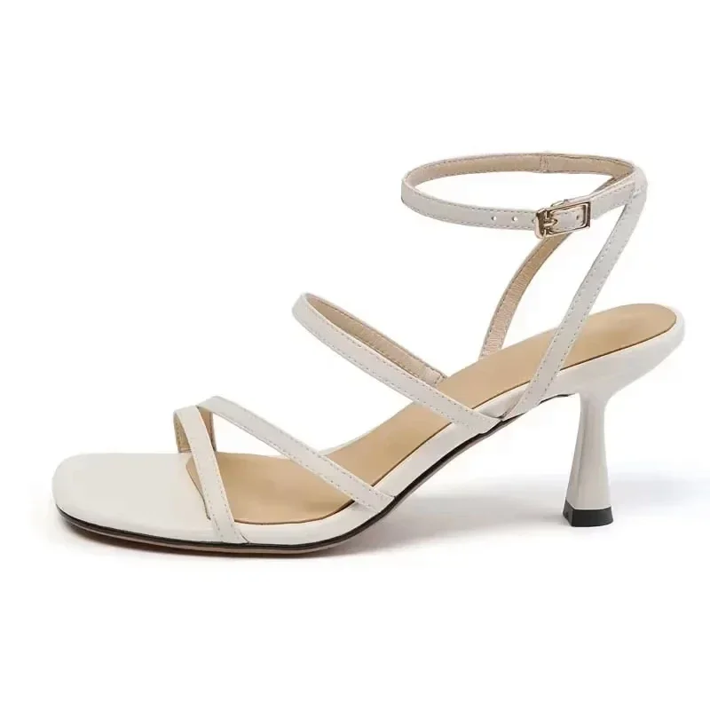 New Trend 2025 Ankle Strap Sandals Summer Women Sexy Party High Heels Black Light-Yellow Beige Apricot One Word Buckle Sandal