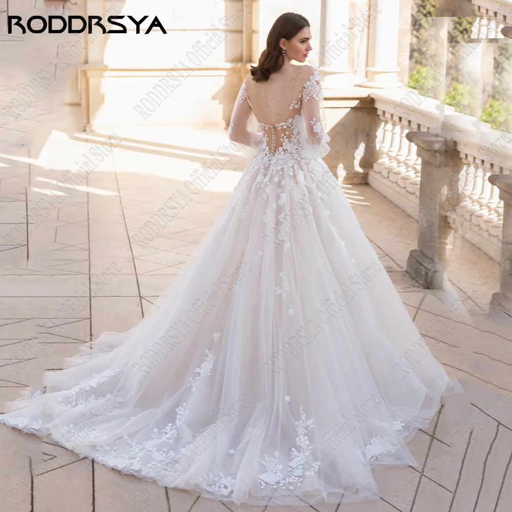 RODDRSYA Princesse robe de mariée pour les femmes à manches de bRODDRSYA-Robes de mariée princesse pour femmes, manches bouffantes, dos nu, col rond, quelle que soit la dentelle appliquée, robe A-Line, mariée éducative