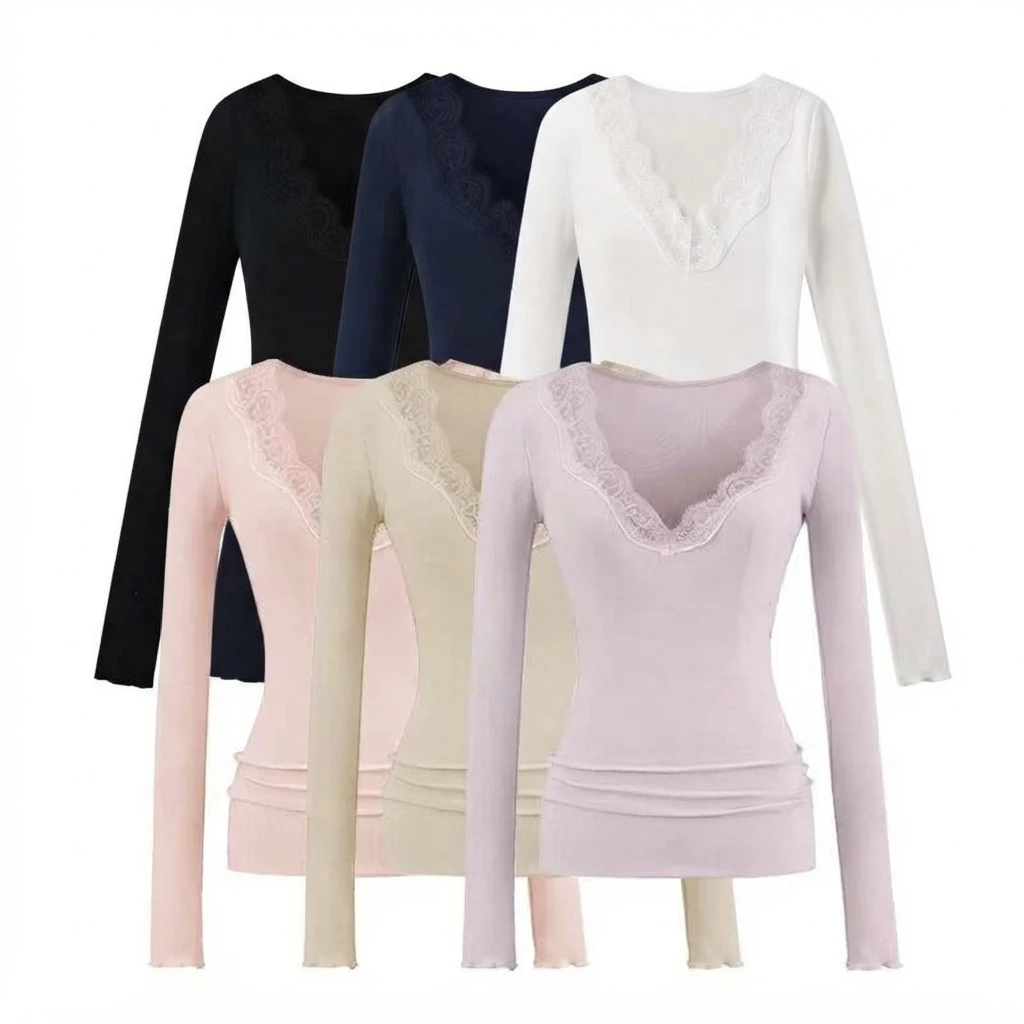 European and American style hot girl style lace splicing V-neck long-sleeved stitching trimming slim T-shirt base shirt