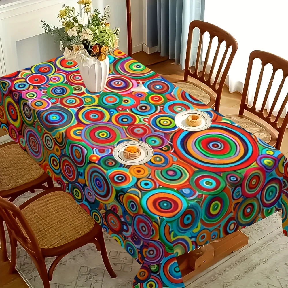 A regular tablecloth featuring a vivid and colorful concentric circle design, machine washablexzj