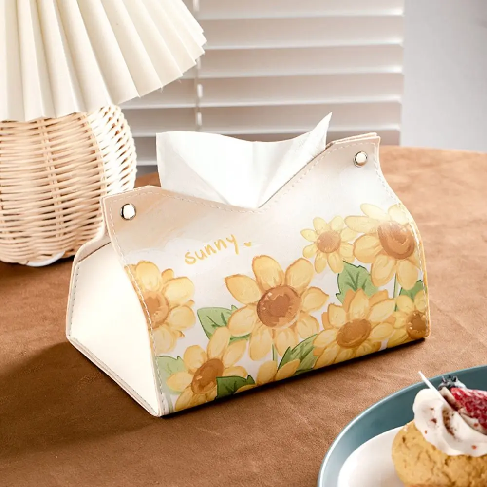 High Quality Oil Painting Tissue Case with Buttons Smooth Napkin Holder Leather Printing Paper Towel Box Home