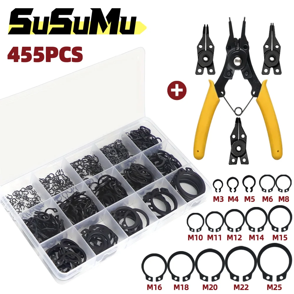 455pcs Assortment Kit Steel Retaining Clip Snap C Type Internal Circlip Pliers Set Snap Ring Head Retaining Circlip Pliers Tools