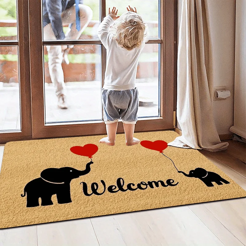 Cute Elephant Family Welcome Door Mat, Red Heart Balloon Non-Slip Coir Entrance Rug for Home Entryway & Nursery Decor