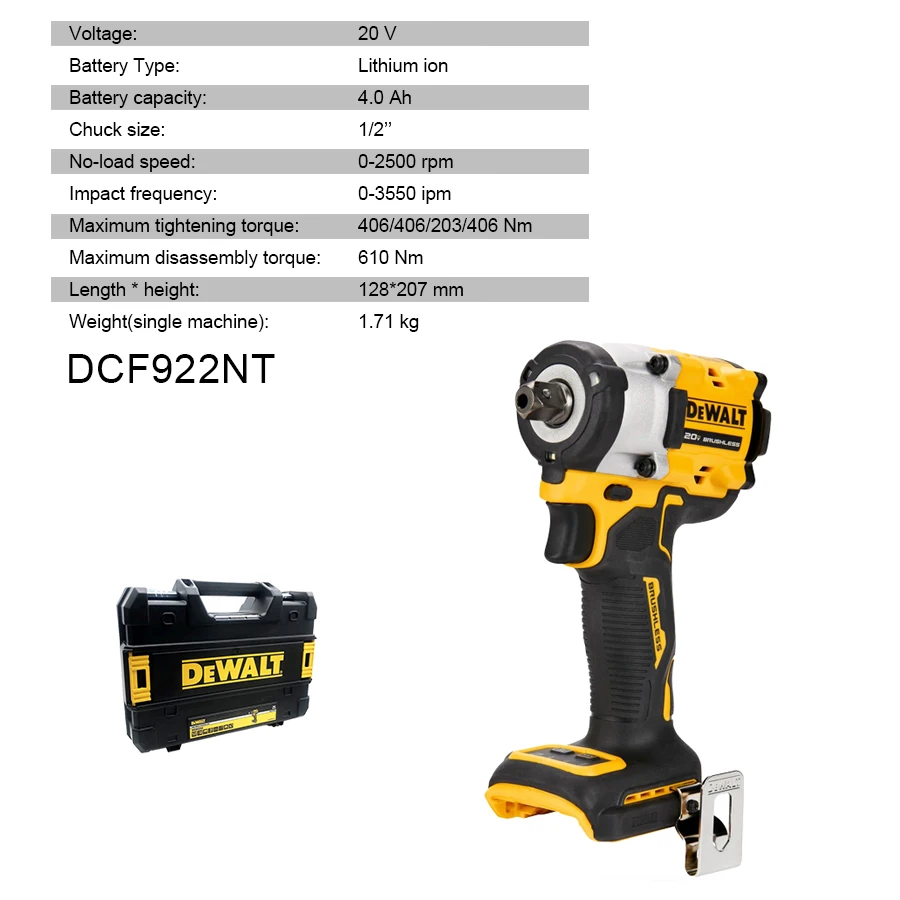 DEWALT DCF922NT 20V 1/2in Brushless Cordless Impact Wrench with Tool Box 2500RPM 3550IPM 610NM Rechargeable Power Tools