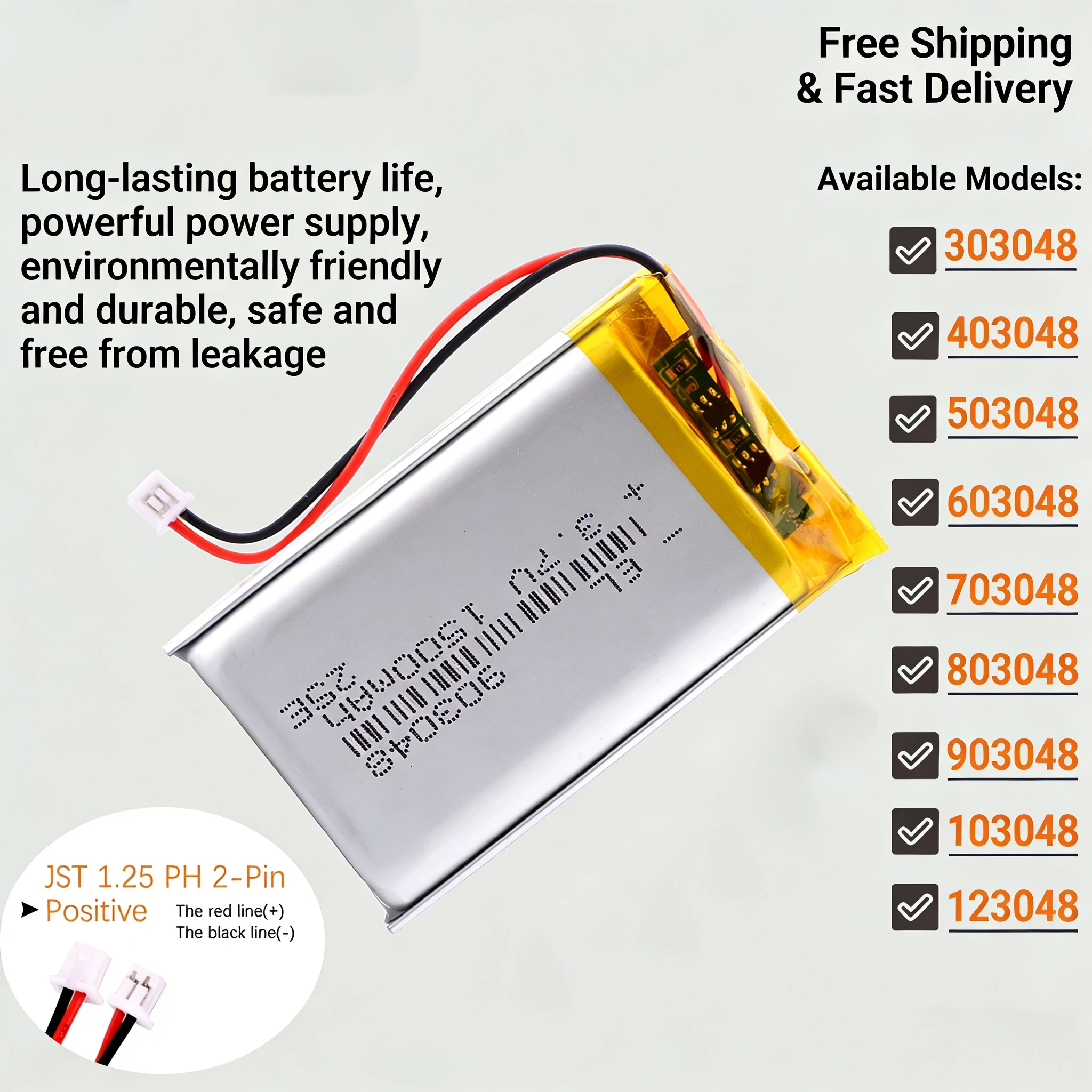

JST 1.25 2-Pin 3.7V 1500mAh 103048 Rechargeable Li-Polymer Battery with PCM for Dash Cam Bluetooth Massager 903048 123048