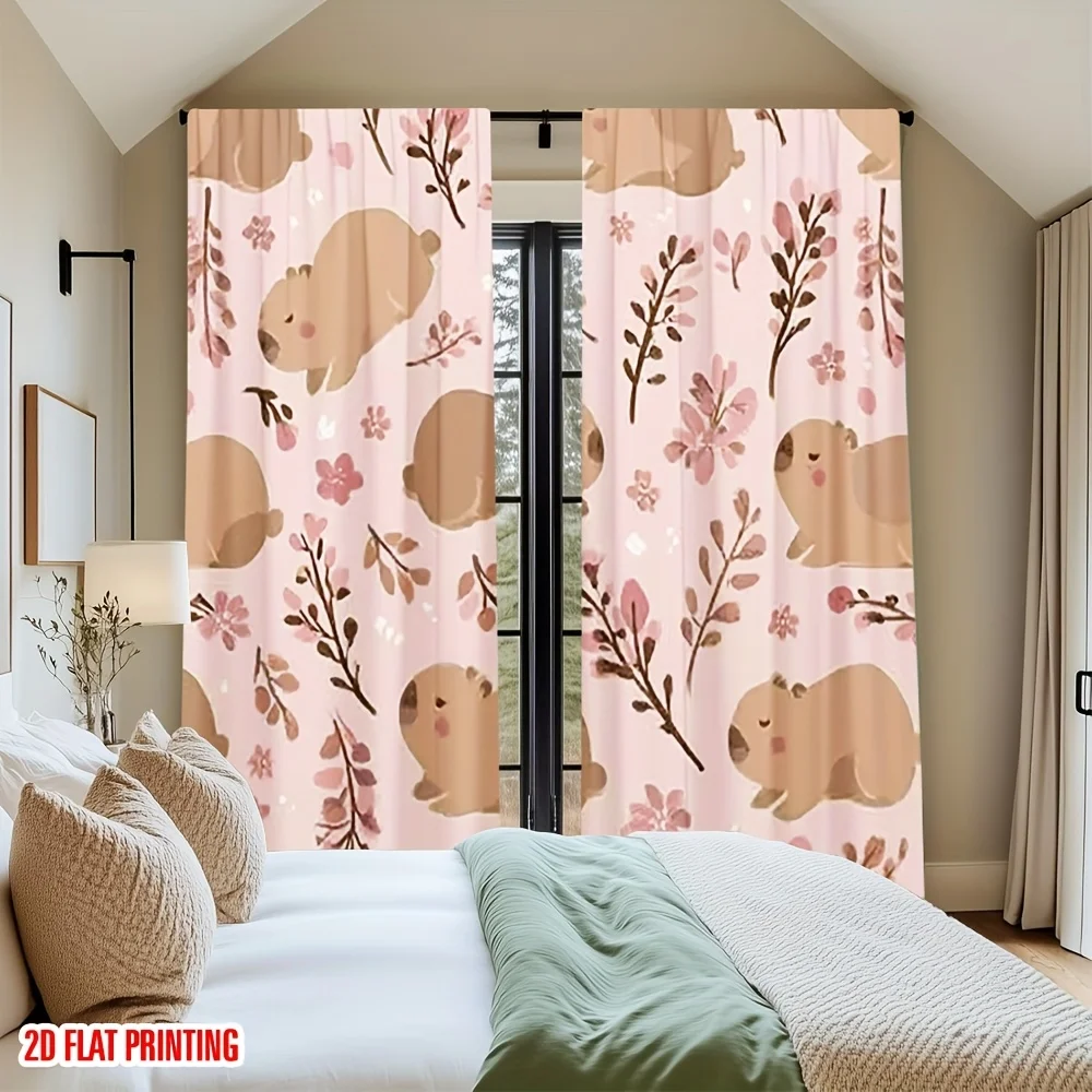2pcs 2D Flat Printing Curtains Cute Capybara Versatile Polyester Fabric Without Electricity Family Party Decor for Holiday