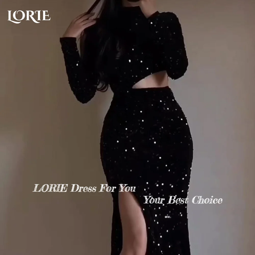 LORIE Glänzendes Schlitz-Meerjungfrau-Abendkleid, hoher Kragen, Leck-Taille, lange Ärmel, Abendkleid, Arabia, elegantes Dubai-Partykleid, individuell gestaltet