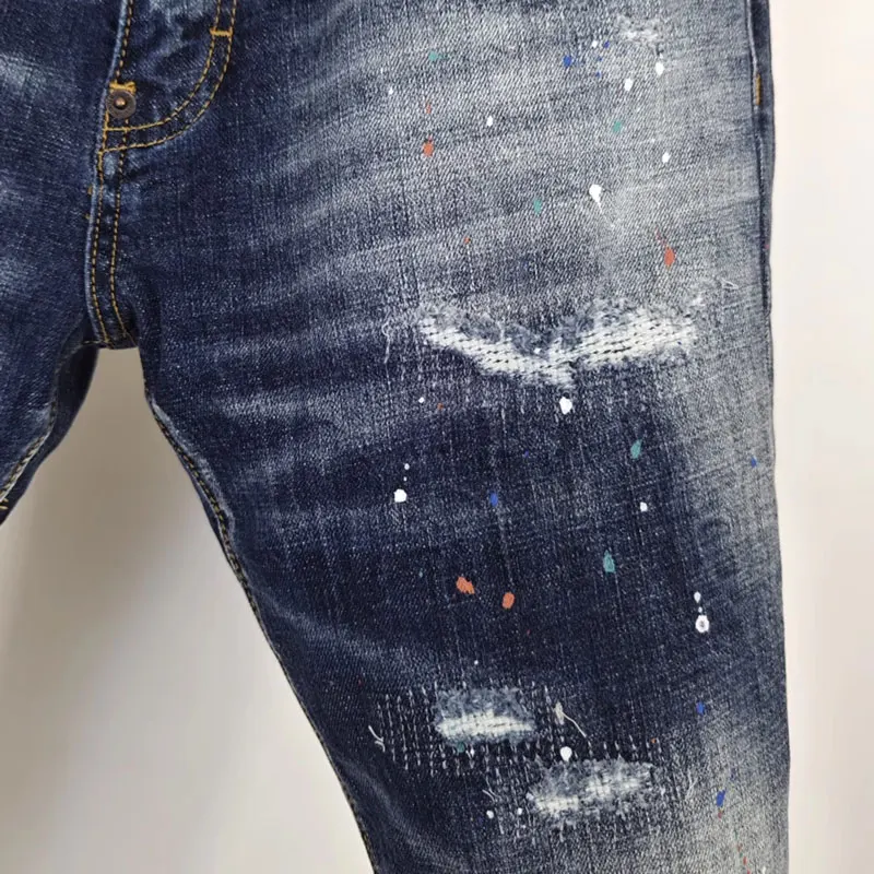 y2k Fashion High Street New Jeans Painted Wrinkles Scratches Washed Water Nostalgic Stretch Slimming Blue Jeans High Street