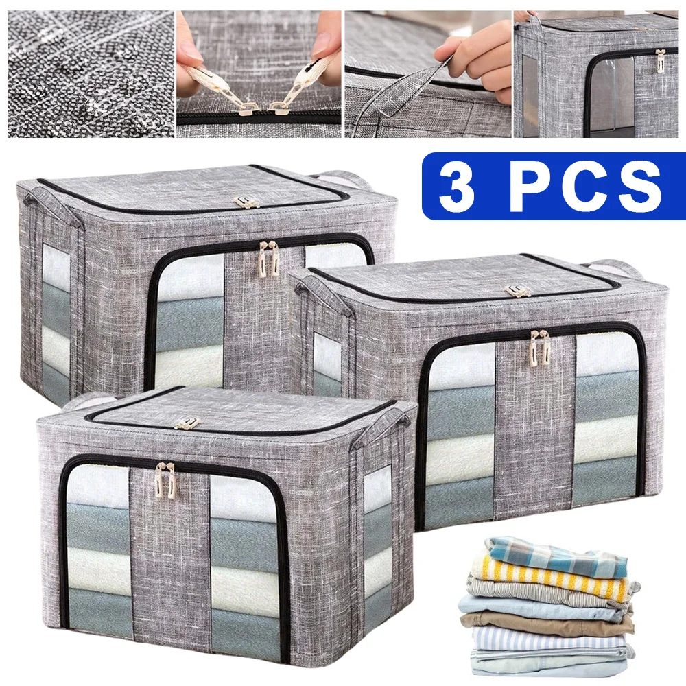 Lot de 3 bacs de rangement gris avec poignées, boîtes de rangement en tissu pliables et empilables, conteneurs de rangement durables et pliables pour l'organisation des placards, des chambres, des armoires, des jouets et des articles divers