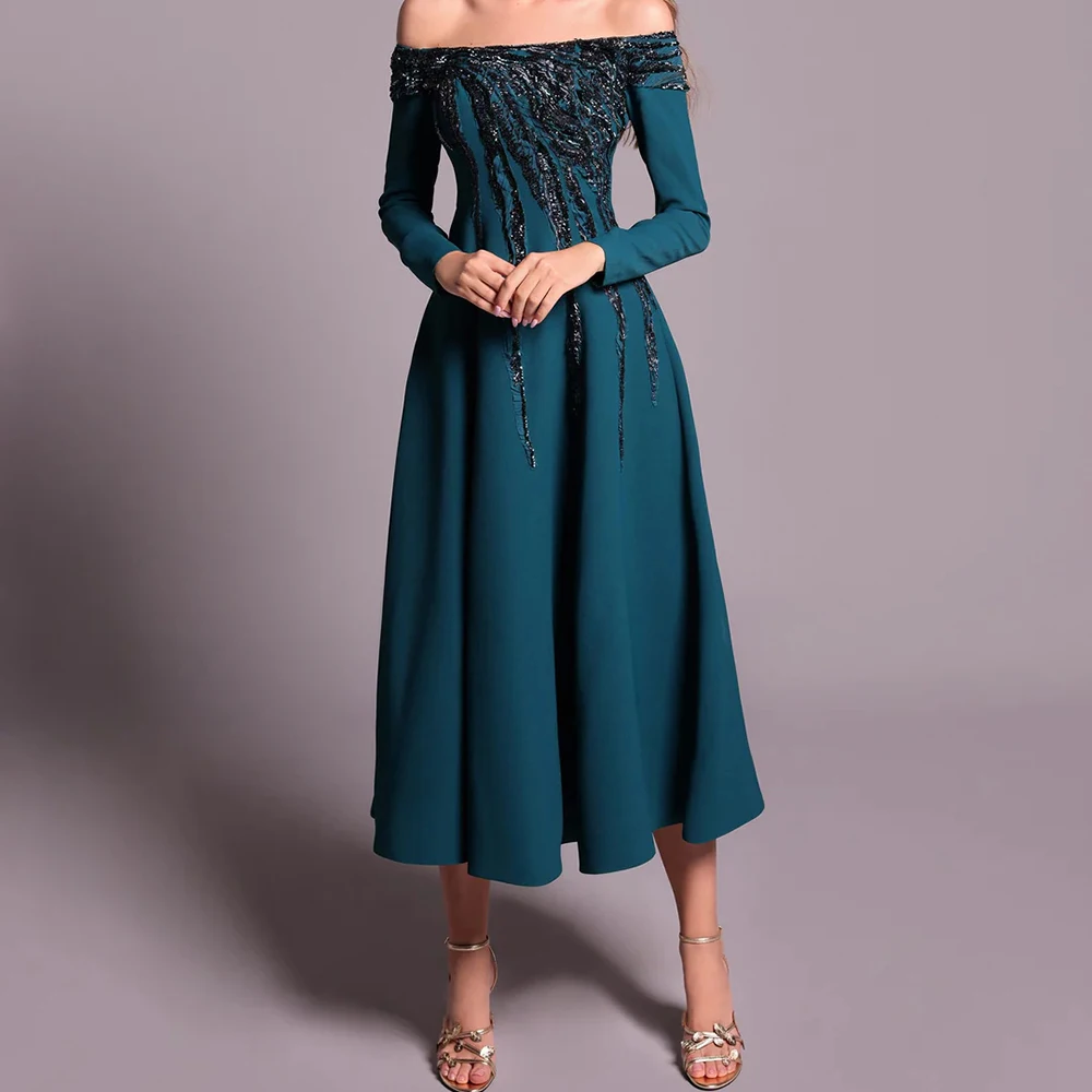 

Customized A-line Evening Dresses Tea-length Off The Shoulder Full Sleeve Prom Gown Fashion Sequined Simple Draped Party Gown