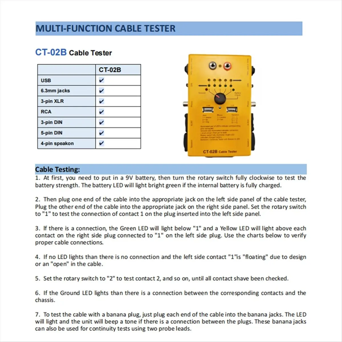 

Многофункциональный аудиокабель A73T CT-02B: тестер XLR-разъемов, инструмент для инженерной проводки, универсальный тестер кабелей, аудиокабель для подключения.
