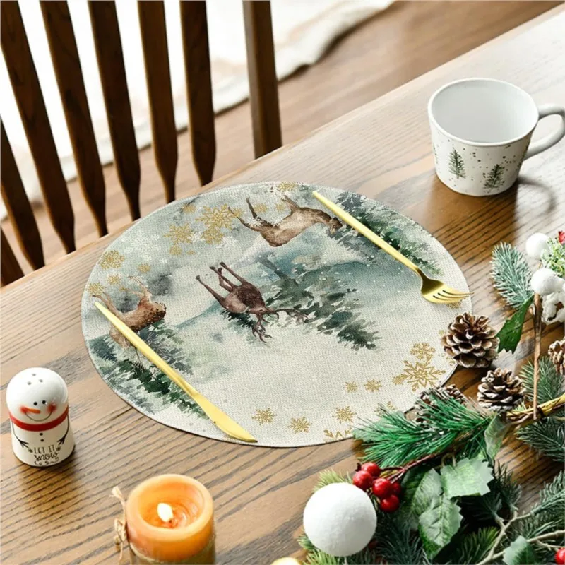 4PCS Christmas Creative Print Round Linen Placemats Waterproof Heat Insulation Mat Hotel Party Dining Table Home Decoration Gift