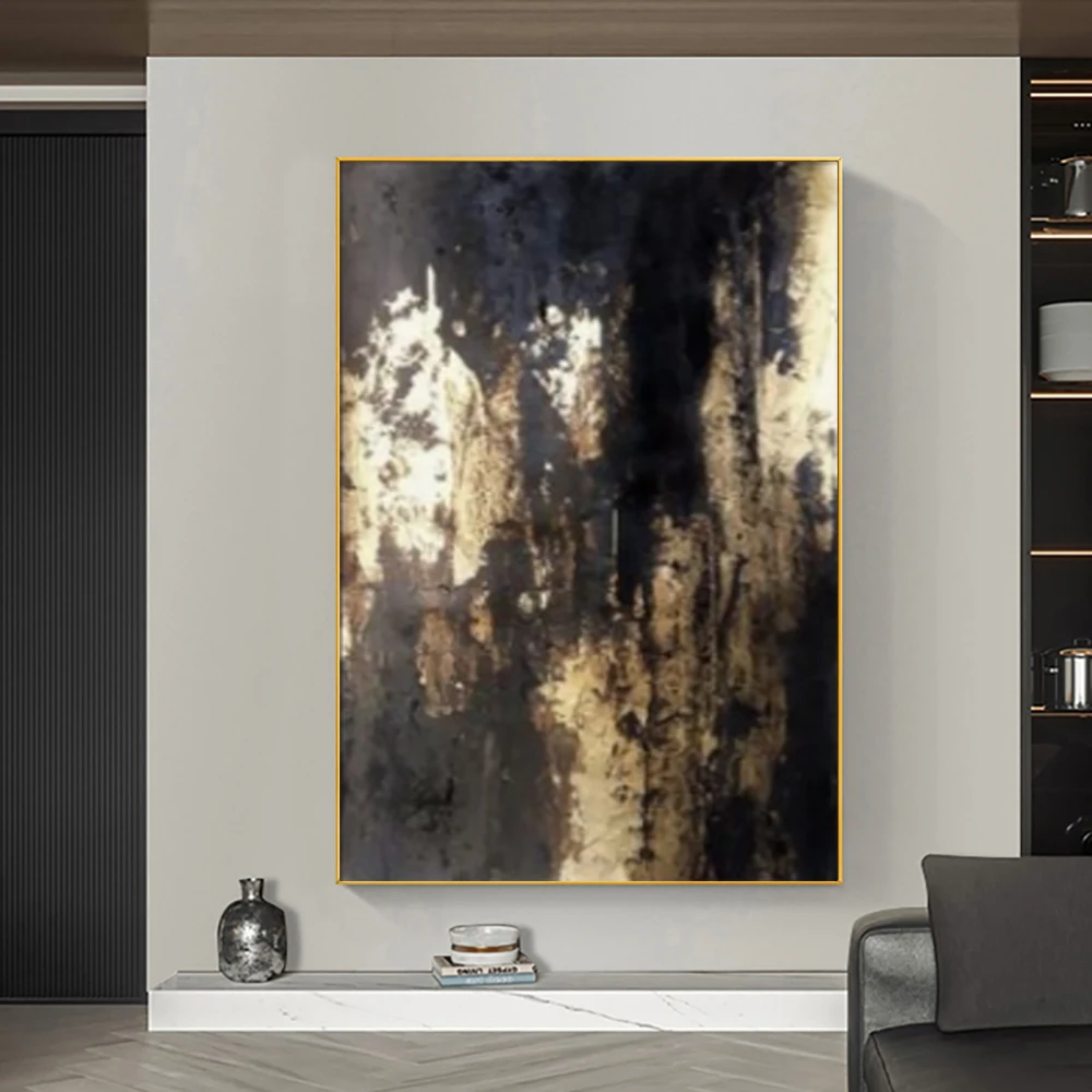 

Oversize Hand Painted Abstract Wall Art Black With Gold Foil Painting Thick Texture Oil Painting on Camvas for Living Room Decor