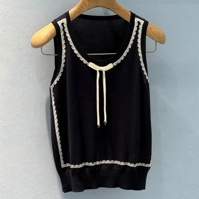 Gao Ding 26 Summer New Elegant Bow Lace Trim Slim-fit Sleeveless Knitted Vest For Women