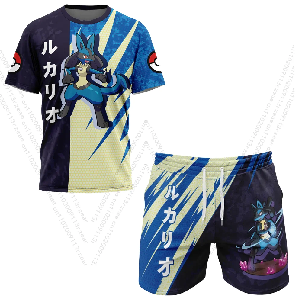 

Lucario Pokemon, мужской комплект для косплея в стиле аниме, футболка для спортзала с принтом, дышащие шорты с карманами и монстрами, быстросохнущий спортивный детский костюм