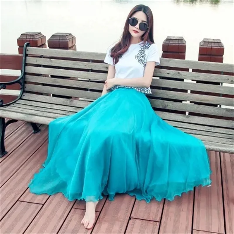 High-grade Double Layer Skirts Spring Summer Elastic High Waist Large Swing Gauze Chiffon Skirt  A-line Pleated Long Beach Skirt