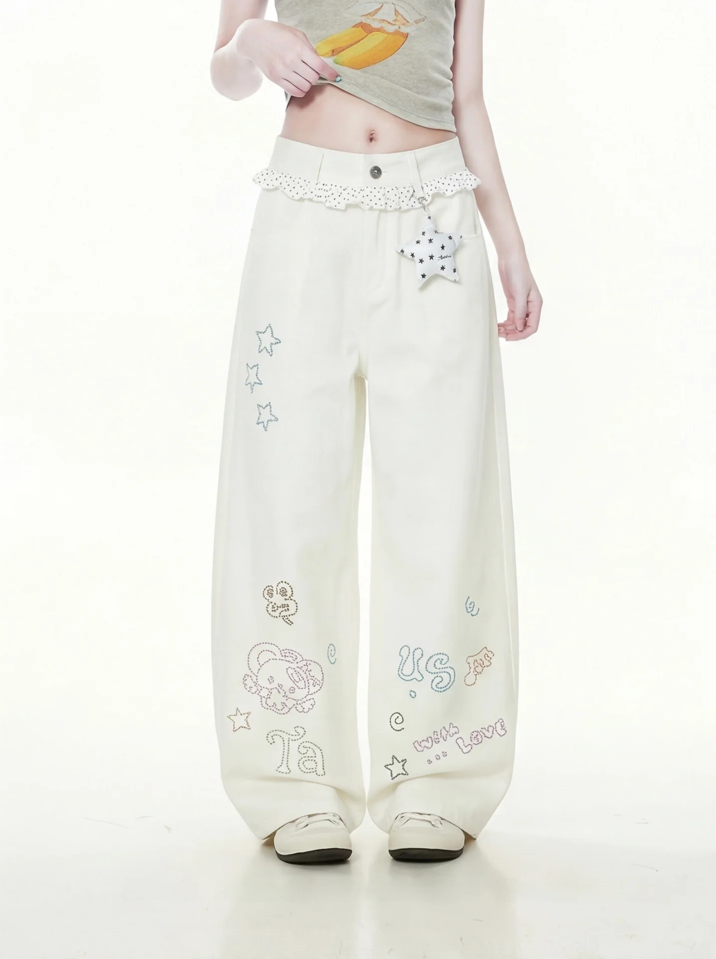 

Casual Wide Leg Jeans Women Loose Straight Long Pants Star Pendant Ruffle Decorative Pocket Cotton Blend Comfortable Fit