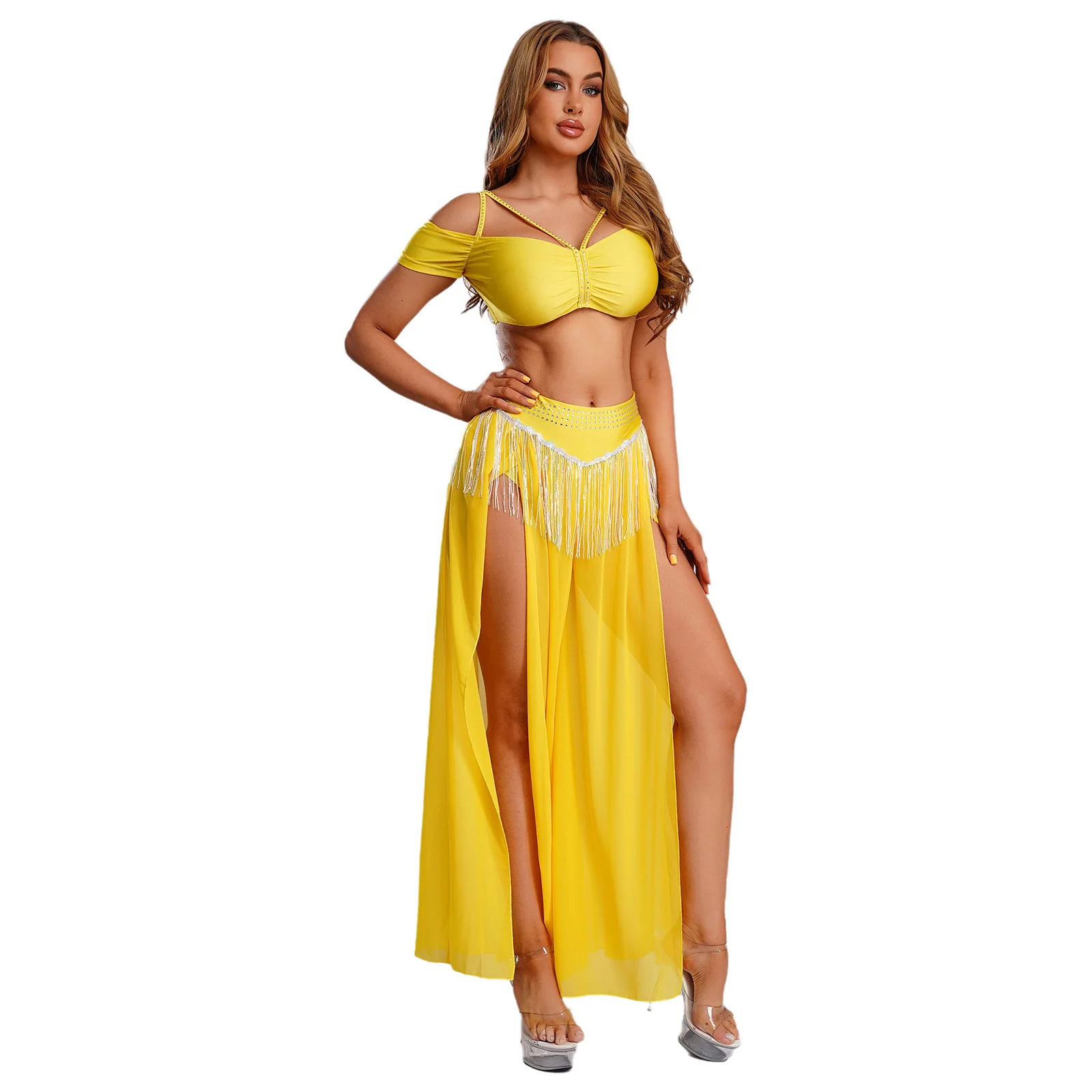 Vêtements de danse orientale pour femmes, Costume de danse du ventre indien, haut court en strass, taille, paillettes, pompon, jambes fendues, culottes, pantalons à jambes larges