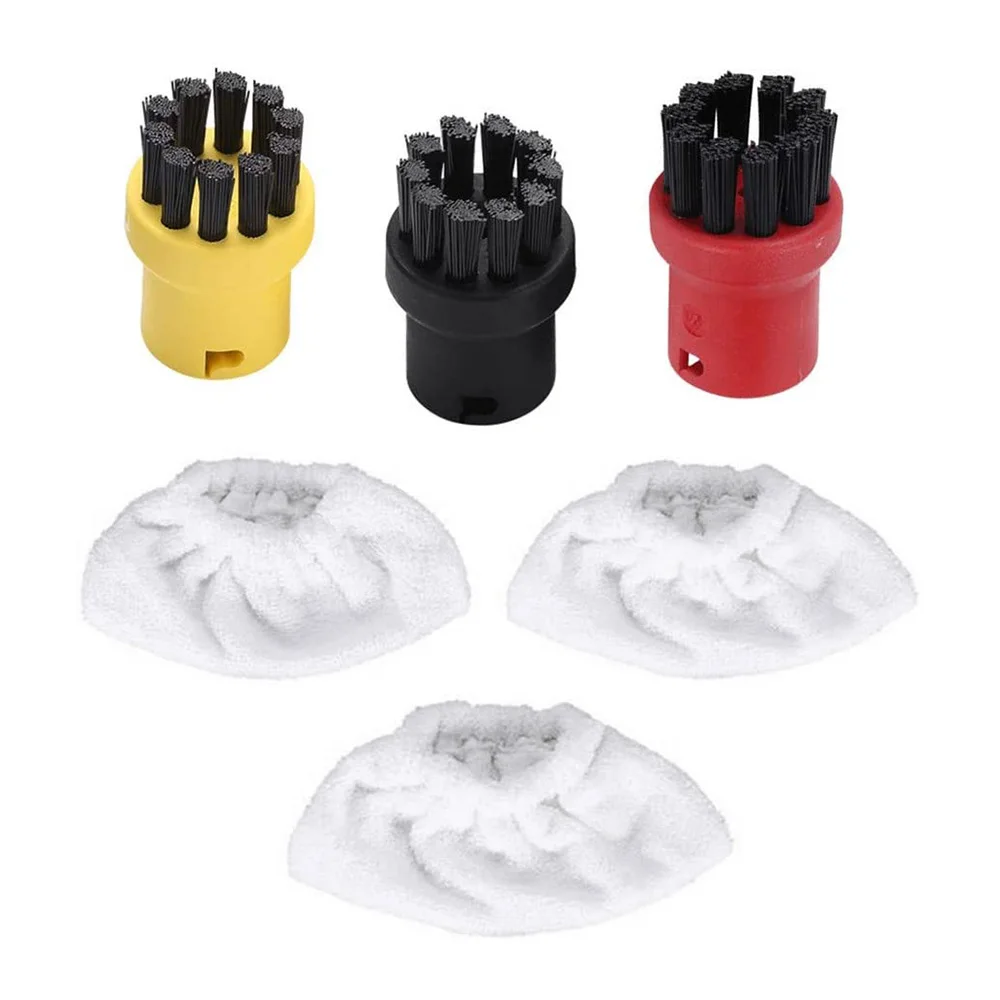 3 Pcs Cotton Terry Cloth Cover Pads + 3 Pcs Nylon Round Brushes for Karcher SC SeriesSteam Cleaner SC1 SC2 SC3 SC4 SC5