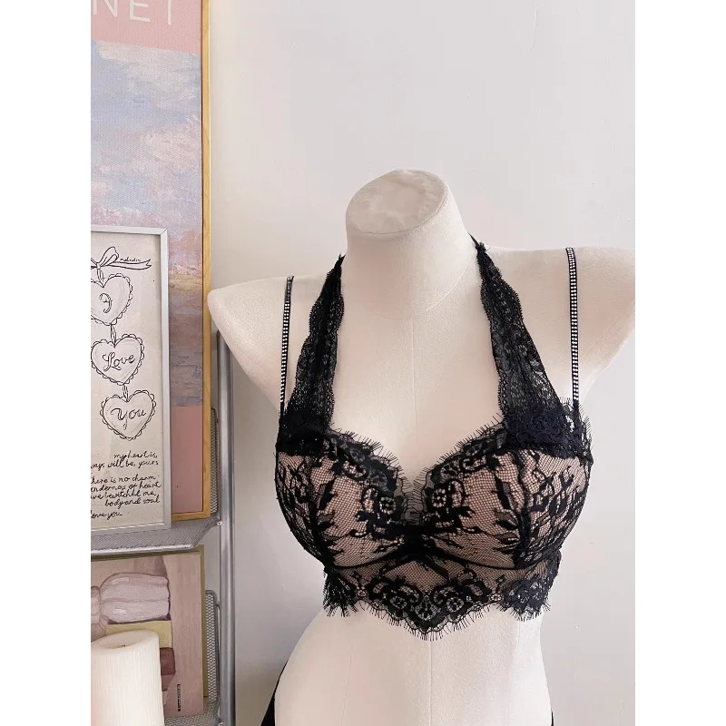 Black Lace Neck Underwear Set Women's Small Breasts Gather Beautiful Back Bra Sexy Pure Desire Wind 2026 New Explosion 32-38 Set