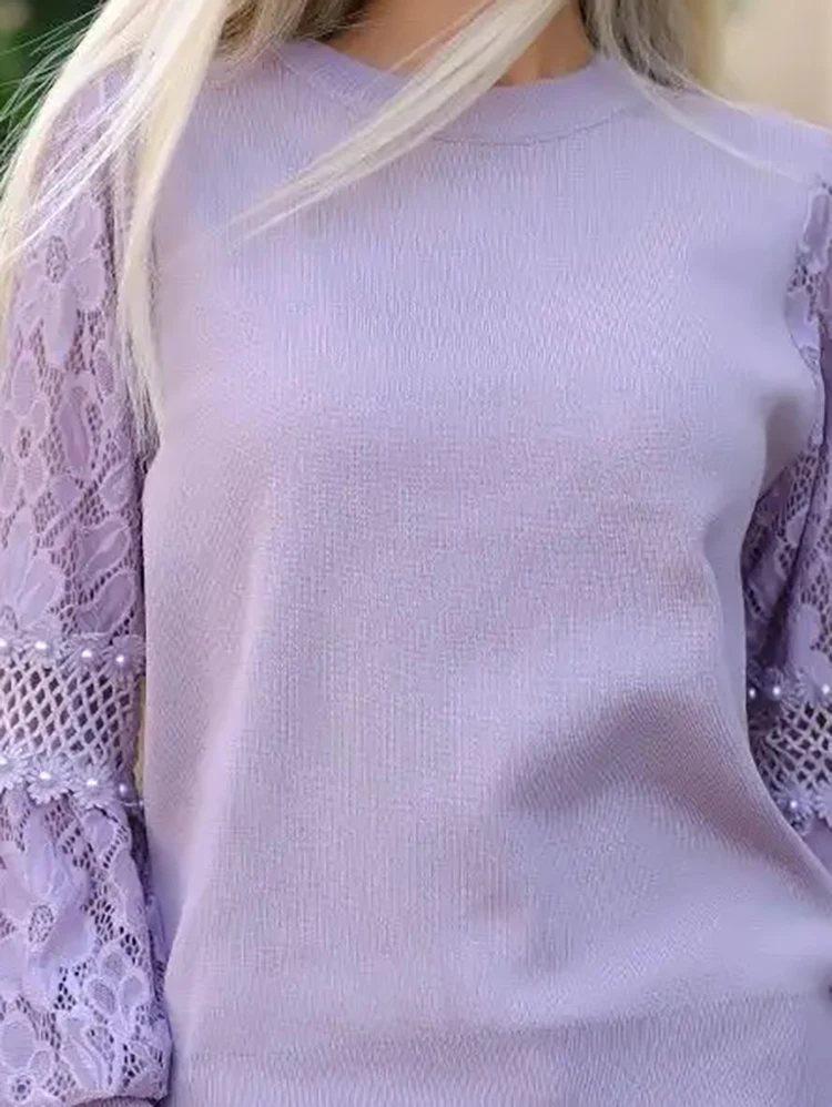 

Fashion Round Neck Loose Knitted Tops 2025 Casual Long Sleeve Sweater For Women Sexy Lace Patchwork Solid Color Pullover Jumper