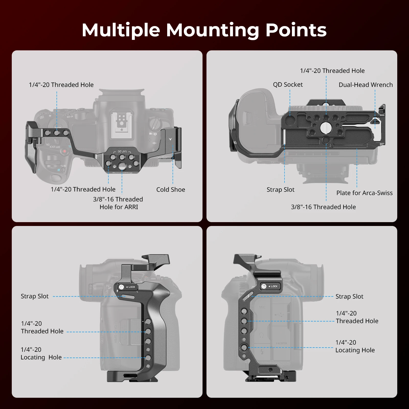 قفص SmallRig R5 II لقفص فيديو كاميرا Canon EOS R5 Mark II مصنوع من خليط معدني مع حامل حذاء بارد، 1/4 بوصة - 20 و3/8 بوصة - 16 فتحة، لوحة أركا