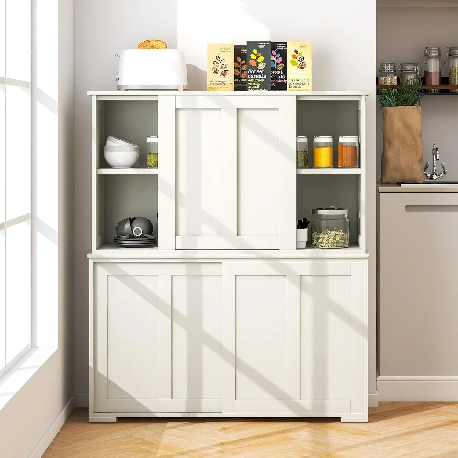 Buffet Cabinet Sideboard, Wood Storage Credenza Cupboard W/Adjustable Shelf & 2 Sliding Doors, Stackable Coffee Bar Cabinet