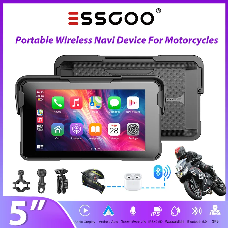 ESSGOO 5-Zoll Motorrad Tragbares Kabelloses Carplay Android Auto IP67 Wasserdichtes GPS-Navigationssystem Bluetooth Touchscreen USB TF