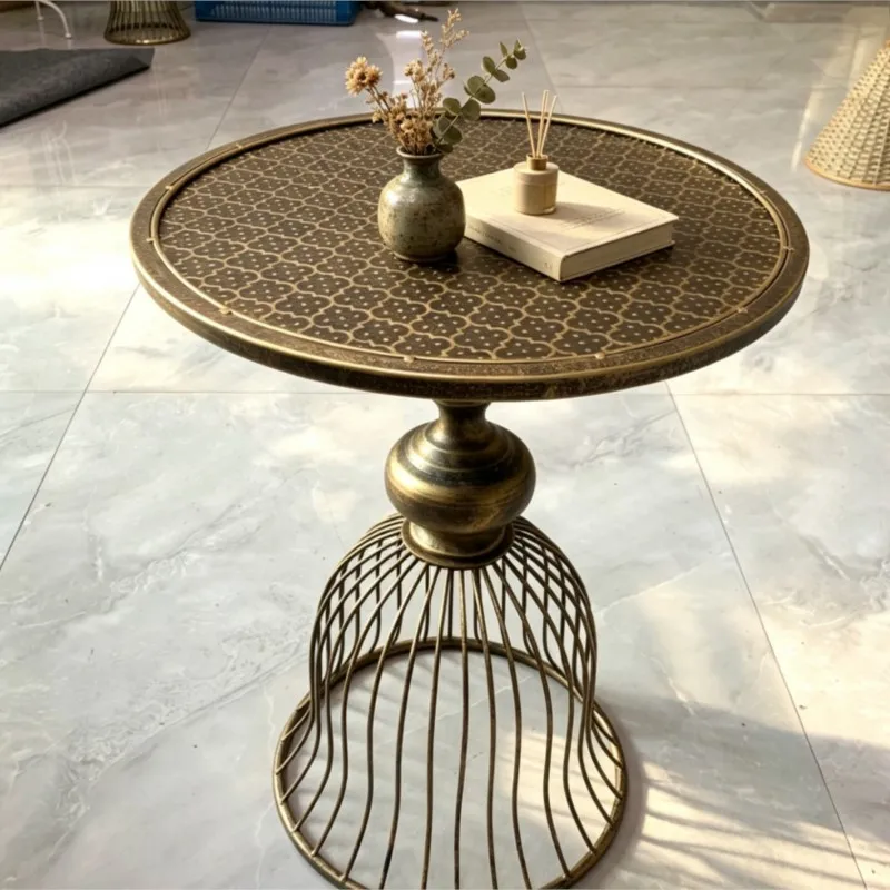 Side Table Vintage Birdcage Iron Round Distressed Pattern Top Sofa End Table for Living Room Patio Decor Small Tea Table