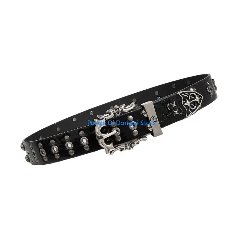 L21E Gothic Studded Belt for Women Slightly Adjustable Clasp Double Row Hole Nonslip Design PU Leather Waistband