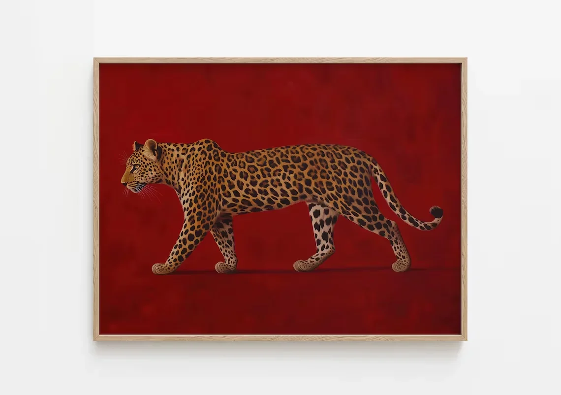 Red Leopard Oil Painting - Framed Poster, Old Money Wall Art, Burgundy Vintage Artwork, Maximalist Print, Luxe Masculine Room
