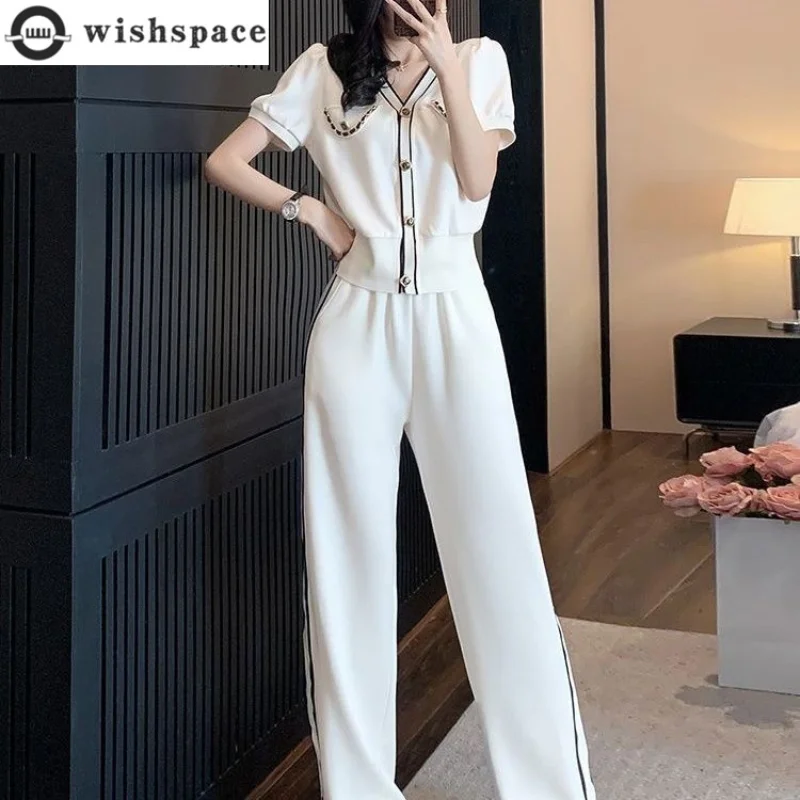 

White Sports Set Women's Spring/Summer 2023 New Fashion Age Reducing Short Sleeve Wide Leg Pants Two Piece Set