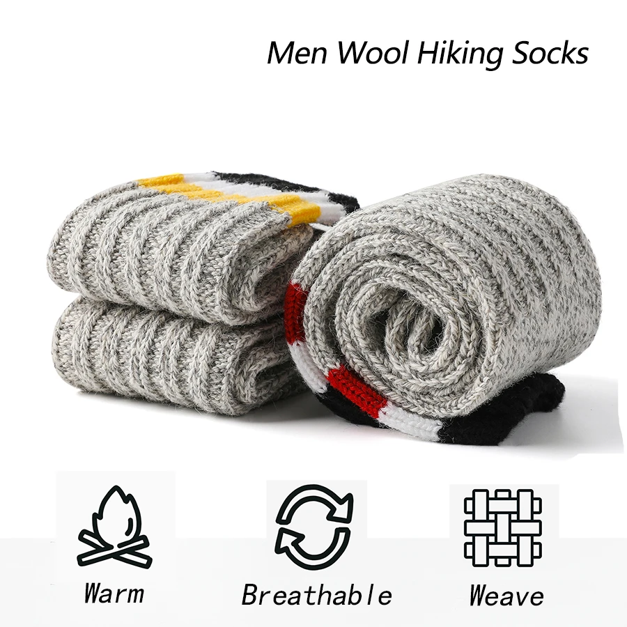 3 Pairs Merino Wool Men\'s Socks Autumn Winter Thicken Leg Warm Outdoor Sports Hiking Riding Fashion Striped Mid-calf Socks