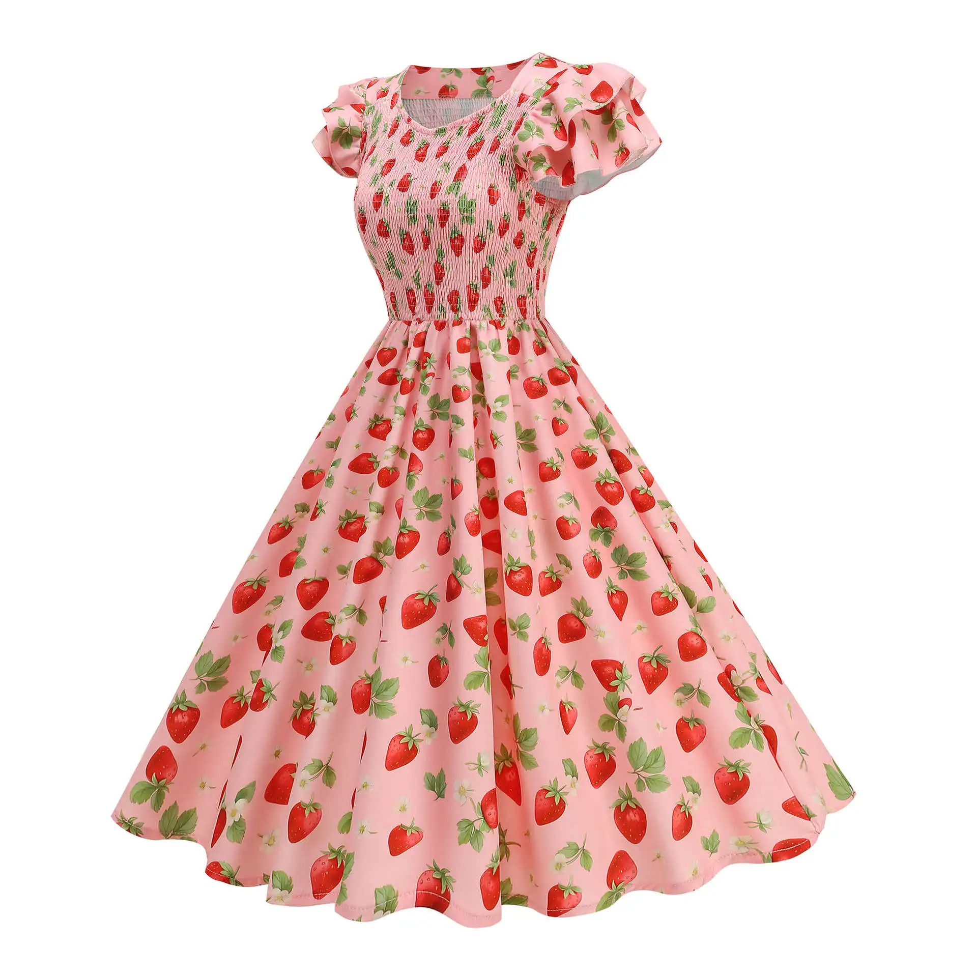 50s Hepburn Vintage Strawberry Orange Print Princess Elegant Dress Women Puff Sleeve Smocking Waist Rockabilly Swing Dresses