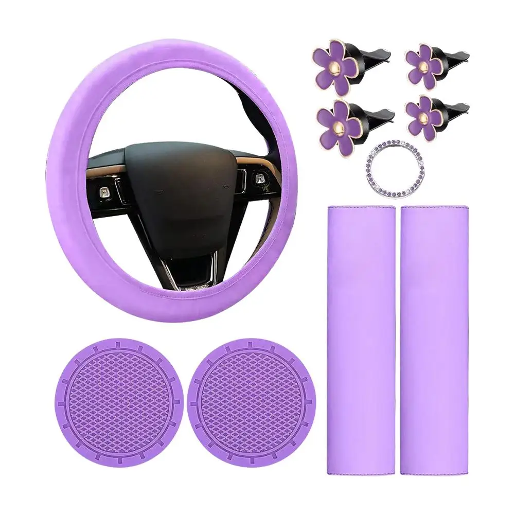 10Pcs Leather Steering Wheel Cover For Women Cute Car Accessories Set With Seat Belt Shoulder Pads Cup Holders Car Decorati O3D2