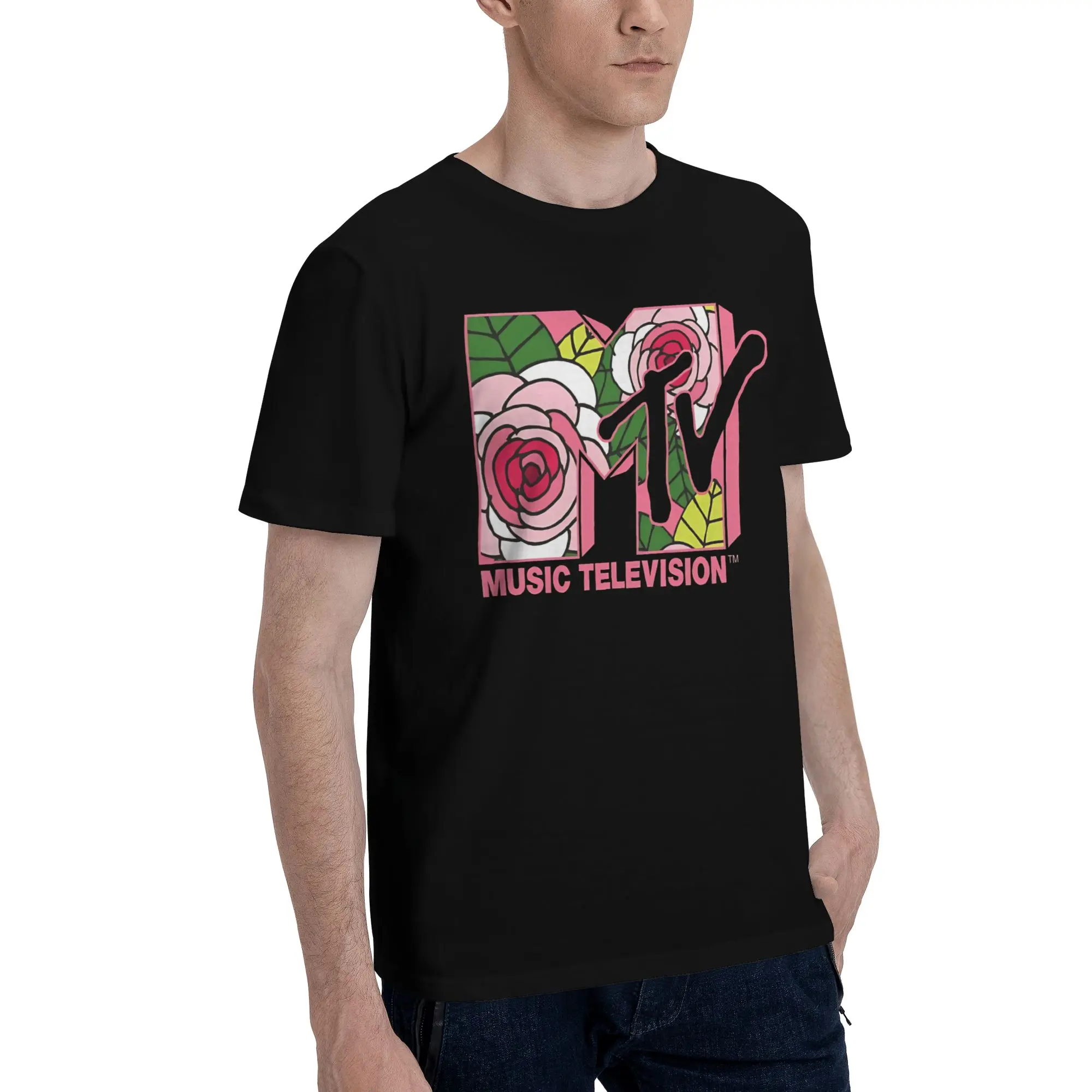 Vintage Pink Roses Stained Glass Retro Pop Novelty 100% Cotton T-Shirt MTV Tees Tops For Men