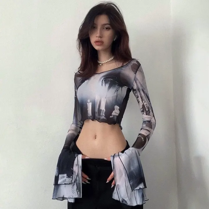 Harajuku Punk  Art Print T-shirt Women's Wear Long-sleeved O-Neck Short Section  Slim Fit Top Female Street Comfort Clothing