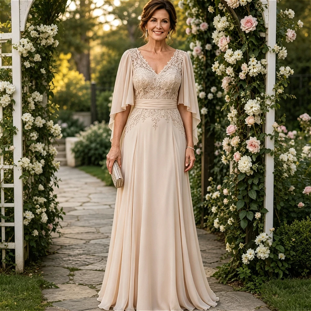 Maßgeschneidertes Nude V-Ausschnitt Brautmutterkleid mit Spitzenoberteil, Flatterärmeln und gerafftem Chiffon – Formelles Hochzeitskleid
