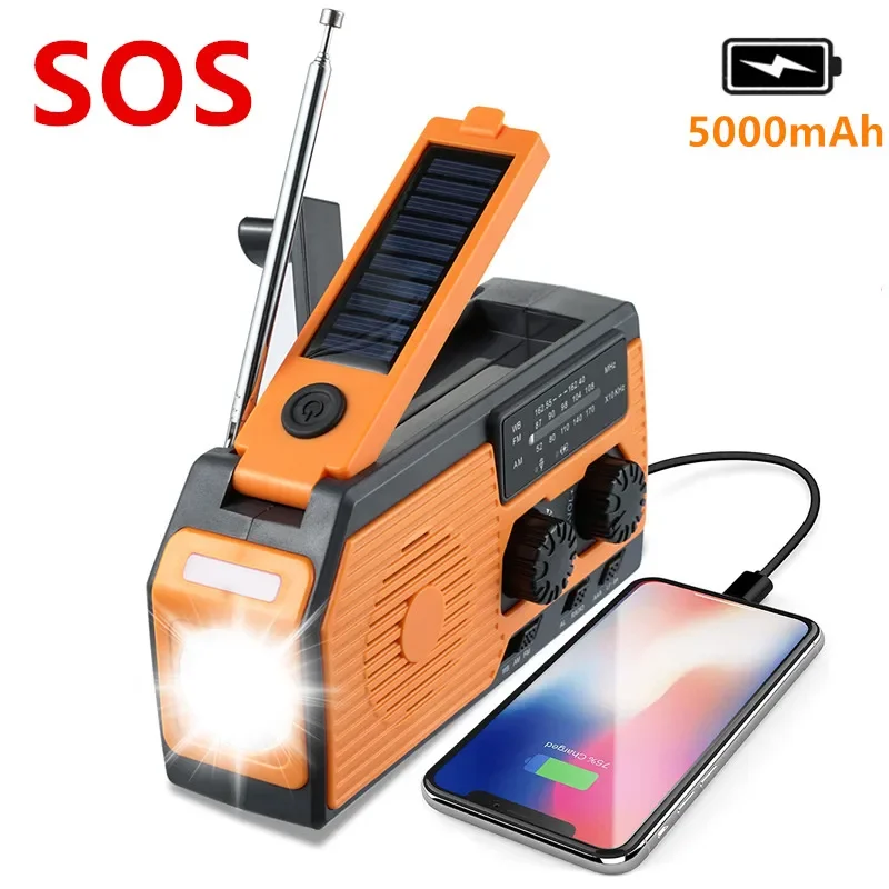 Emergency Weather Radio Portable 5000mAh with NOAA/AM/FM Type-C/Solar/Hand Crank Charging SOS Alarm & Flashlight