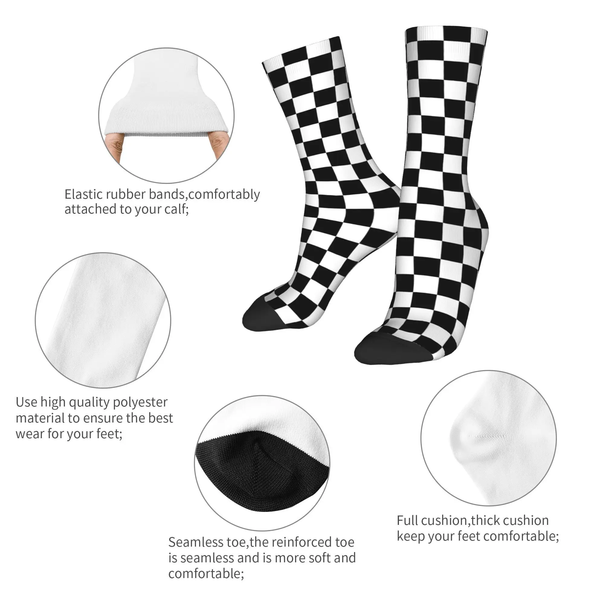 Custom Black And White Checkerboard Pattern Dress Socks Mens Womens Warm Fashion Novelty Geometric Tartan Crew Socks