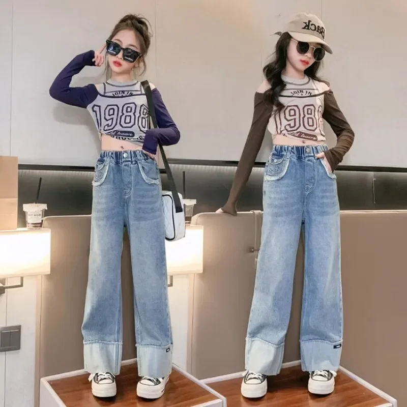 4-16 Years Old Girl Fashion off-Shoulder T-shirt + Jeans Spring and Autumn Clothes Two-Piece Set